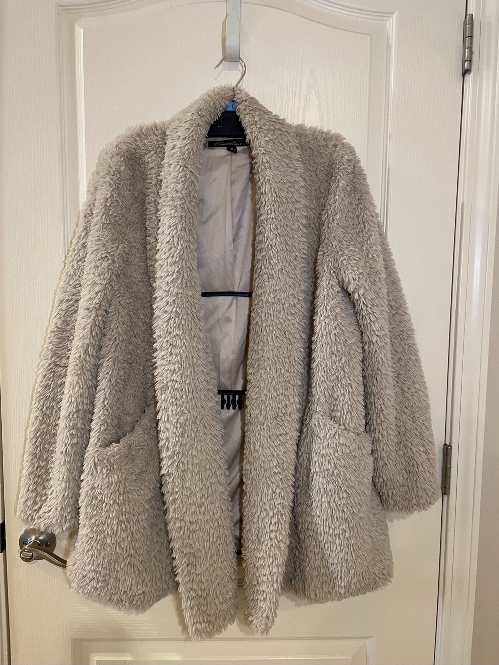 Kenneth Cole Cozy Open-Front Teddy Coat in Light Taupe